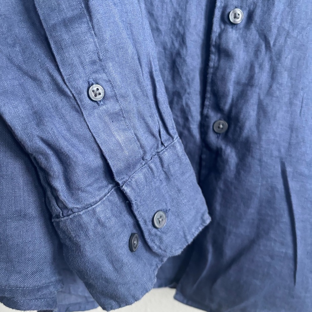 Uniqlo Navy Blue Long Sleeve 100% Linen Casual Button Down Shirt Front Pocket - Picture 4 of 8